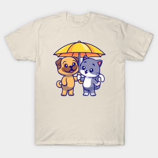 Cute Pug Dog And Cat Standing Under Umbrella Cartoon T-Shirt